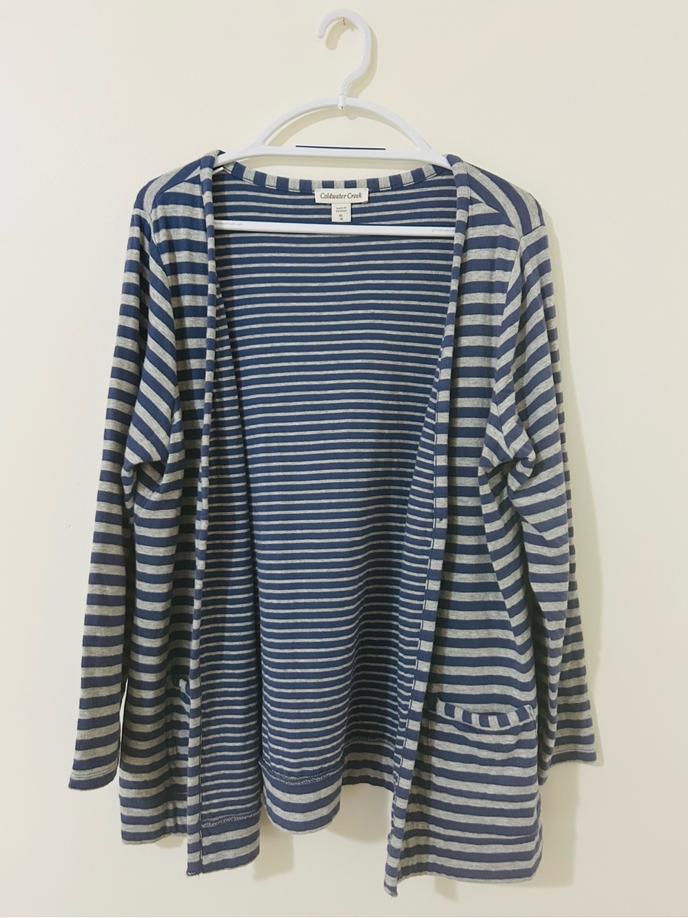 Coldwater Creek XL 16 Blue Gray Striped Cotton Knit Open Front Cardigan Pocket